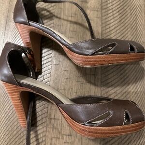 LOFT Brown Leather Platform Heels Wood Block Heel Peep Toe Size‎ 7M